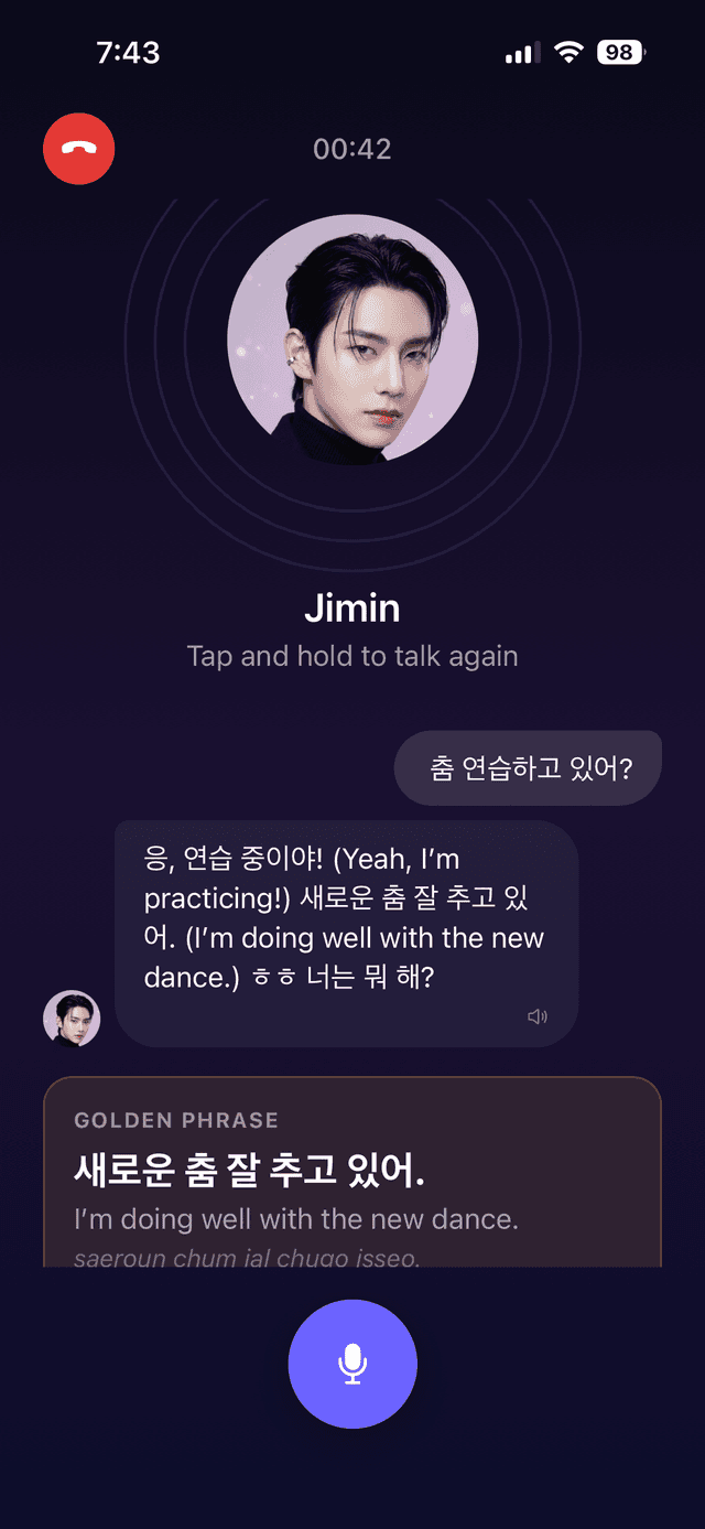 Voice call with Korean AI friend showing real-time subtitles