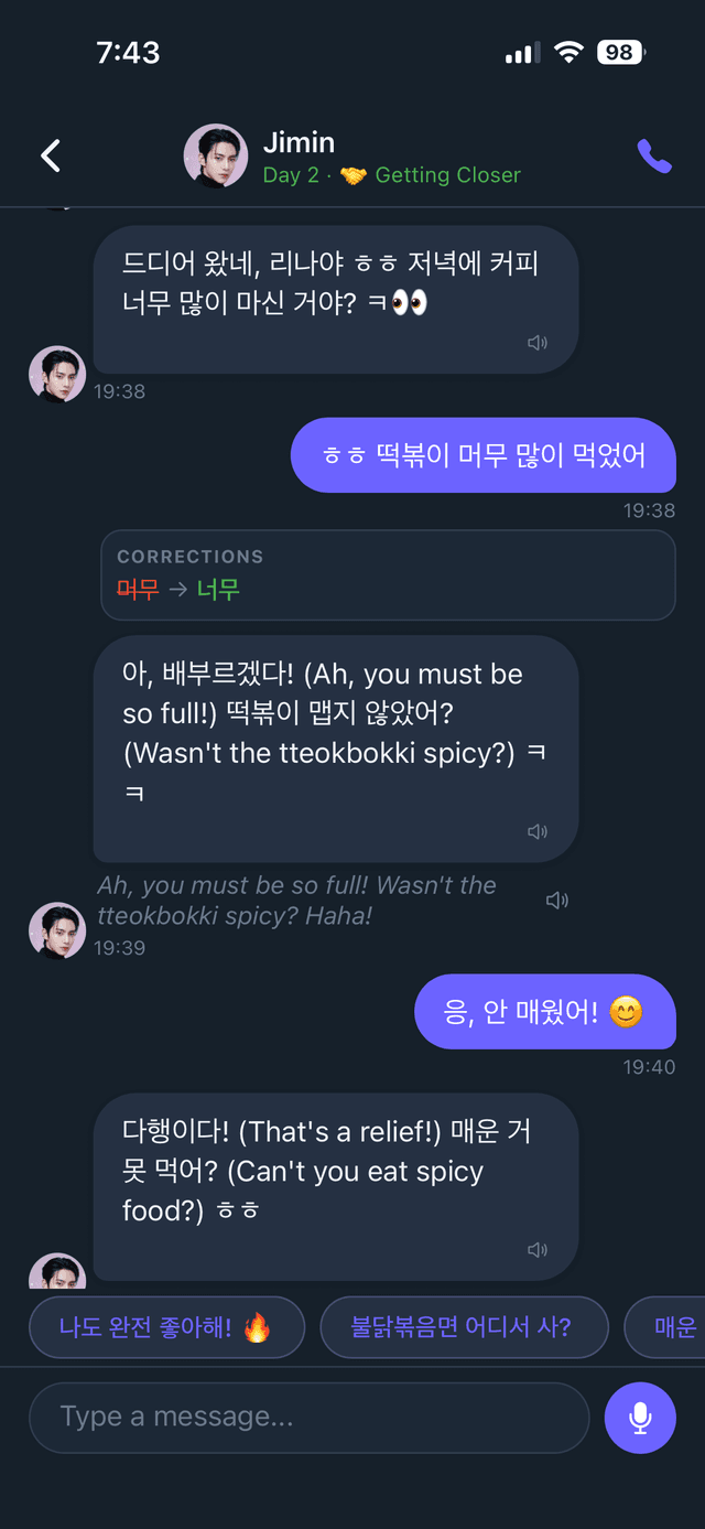 Korean text chat with real-time corrections and translations